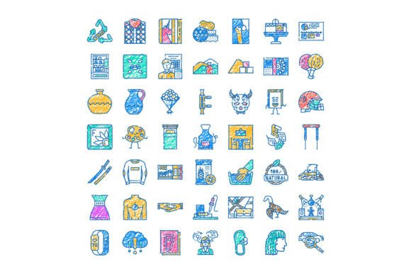 Diverse Colorful Doodle Icons Representi: Sketchy Charm Meets Modern Design Utility