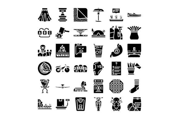 Set of Diverse Glyph Icons Representing Real-World Concepts with Clarity and Consistency