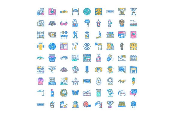Varied Collection of Colorful Doodle Style Icons